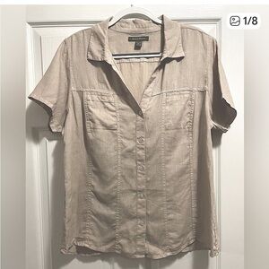 Tommy Bahama 100% Linen Women's Short Sleeve Button Up V-Neck Shirt khaki Sz XL